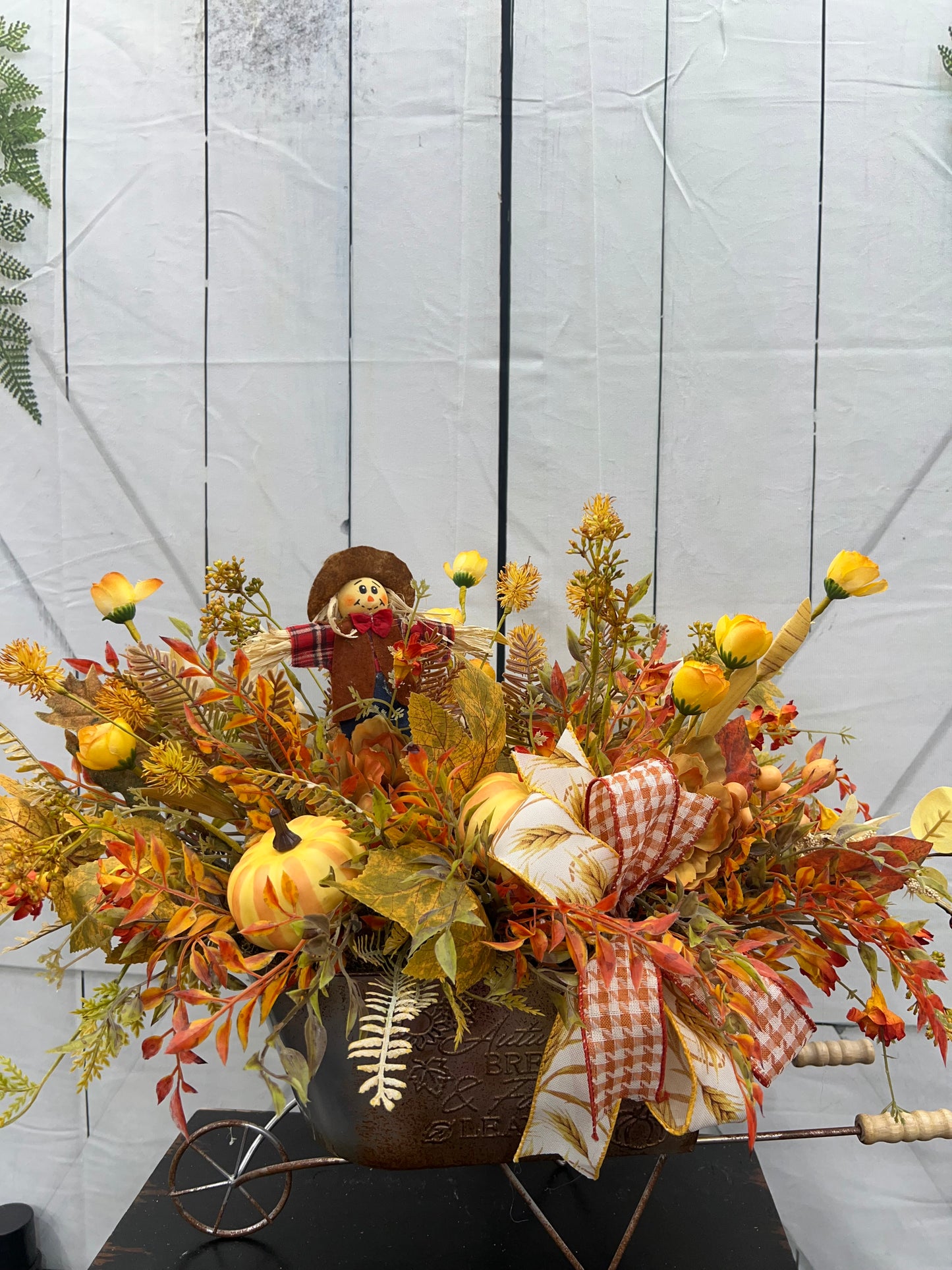 FALL CENTERPIECE WITH SCARECROW IN METAL TIN