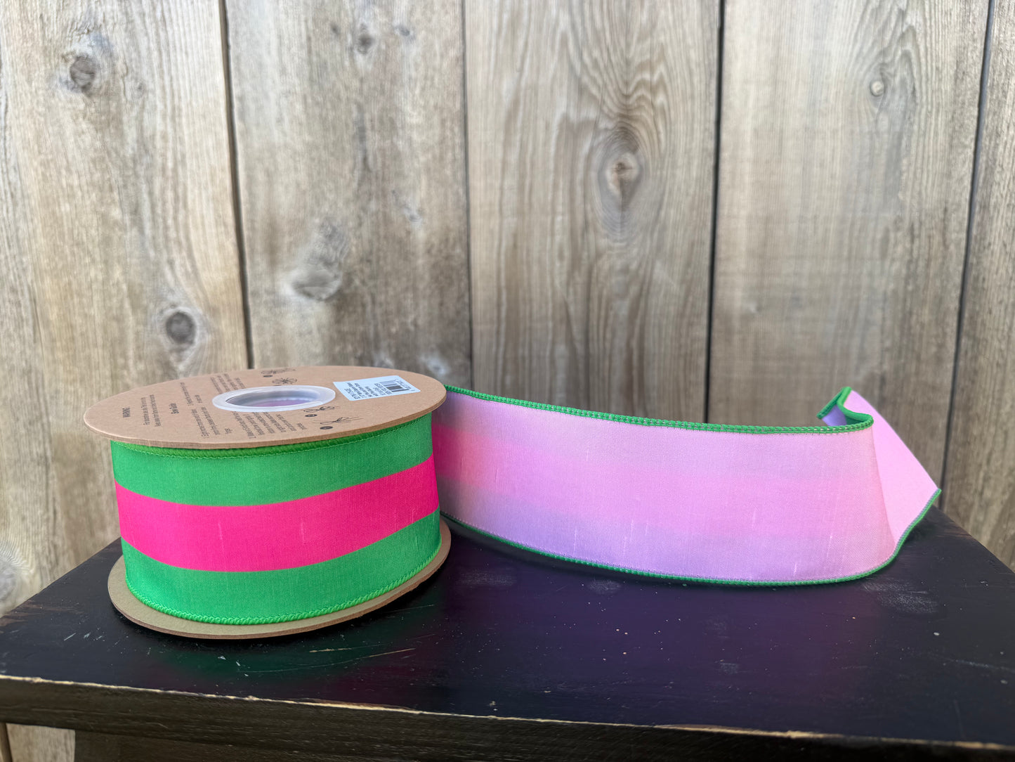 2 1/2" Wired Dupioni Ribbon | Hot Pink and Green Stripe with Pink Backing | 10 Yard Roll 8217W-175-63E