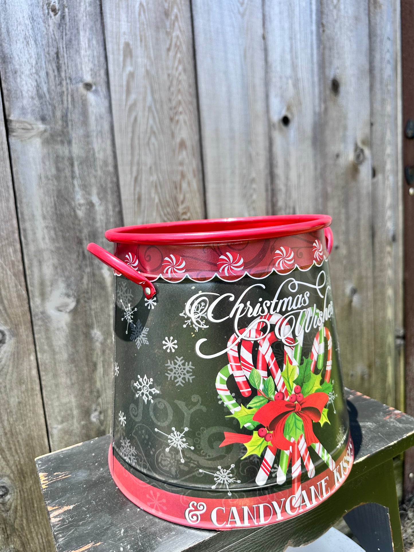 Metal Holiday Candy Cane Bucket