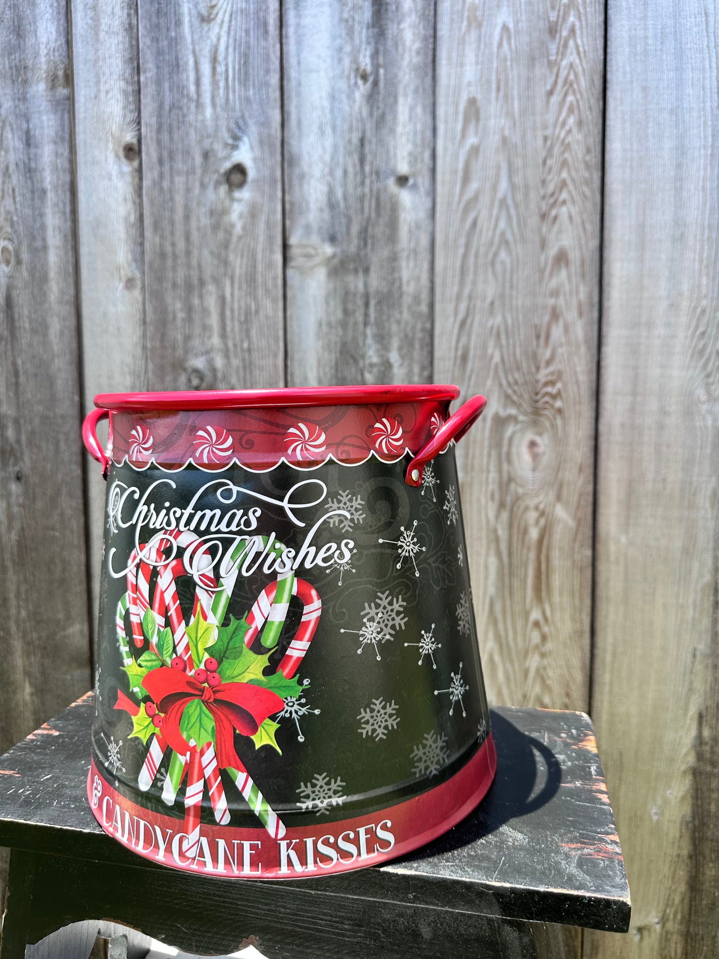 Metal Holiday Candy Cane Bucket