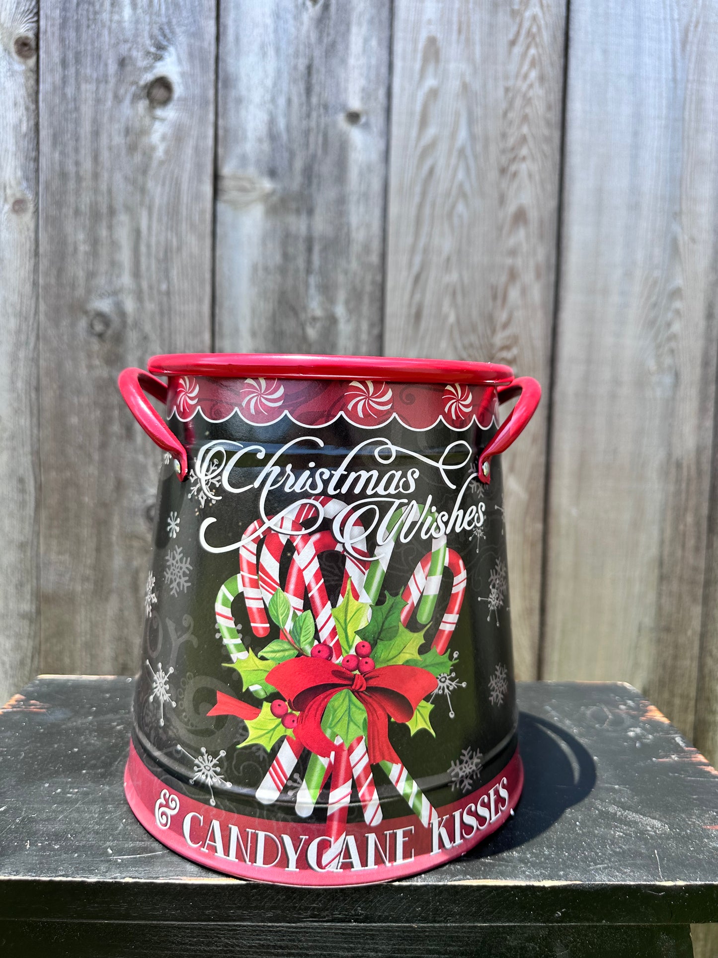 Metal Holiday Candy Cane Bucket