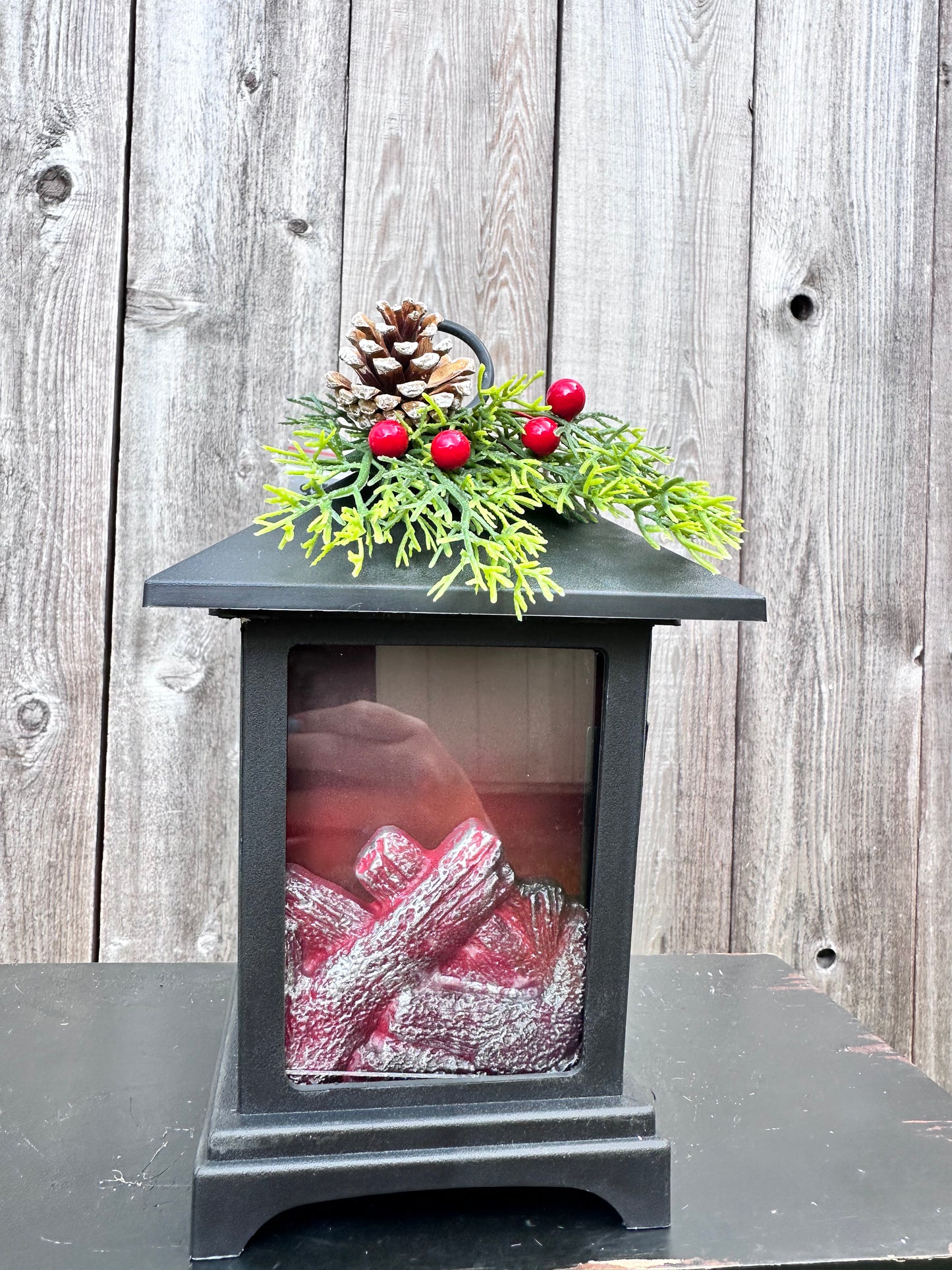 SMALL LIGHTED FIREPLACE LANTERN WITH FLORAL ACCENT 2659130