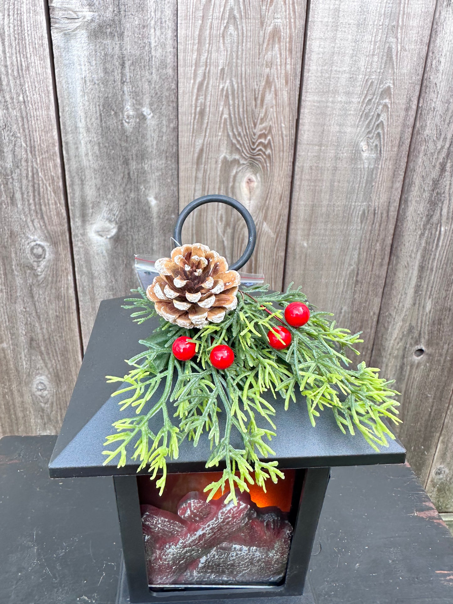 SMALL LIGHTED FIREPLACE LANTERN WITH FLORAL ACCENT 2659130