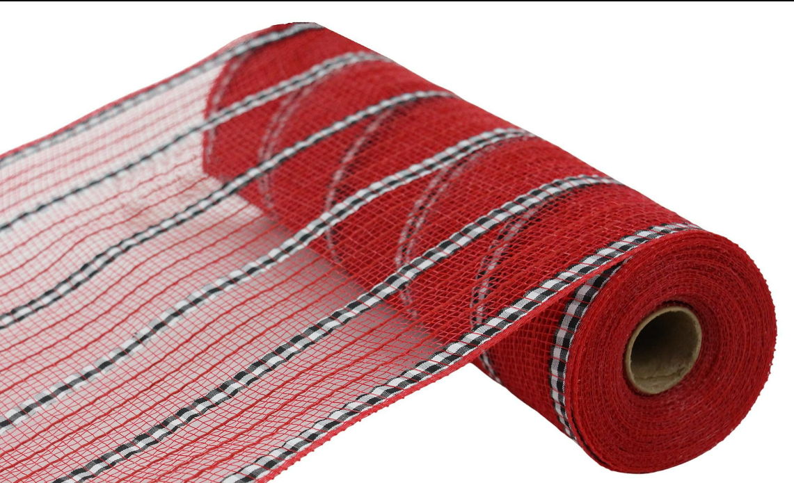 10.25" x 10yd x Lwide Fabric/Faux Jute Mesh RED/BLACK/WHITE RY8901H9