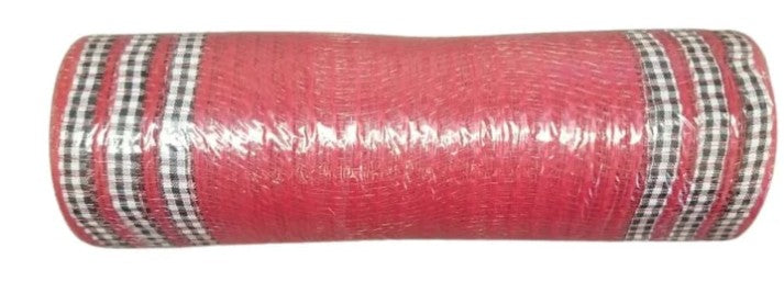 Red Jute/Black-White Buff Plaid Print Edge Mesh, XB106910-12