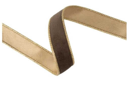 1” Reversible Classic Velvet Wired Ribbon | Brown w/ Gold Shimmer Satin Backing | 10 Yard Roll 7115W-850- 25E