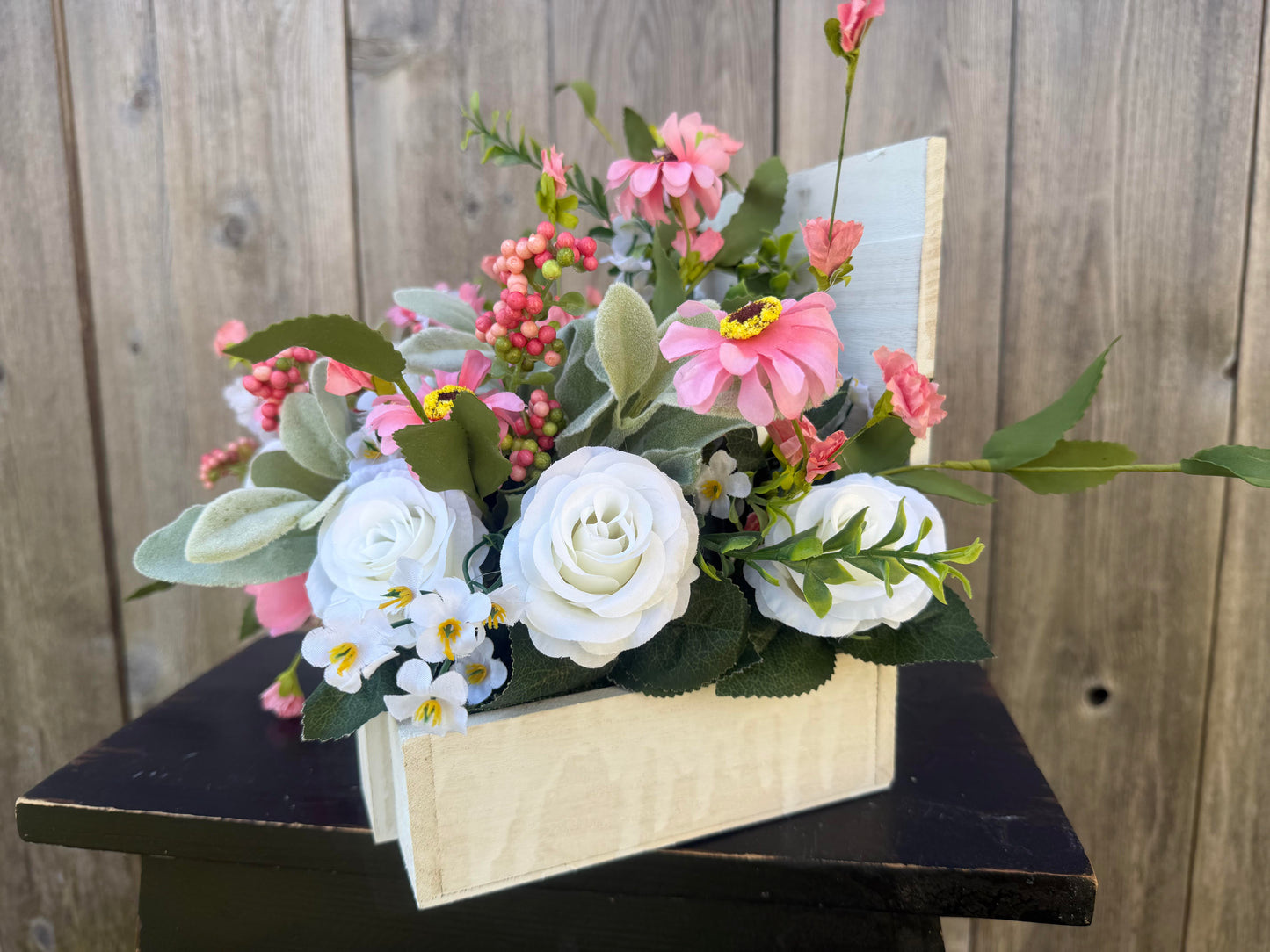 PINK AND WHITE ARRANGEMENT SET IN A SMALL WOODEN TRUNK BOX