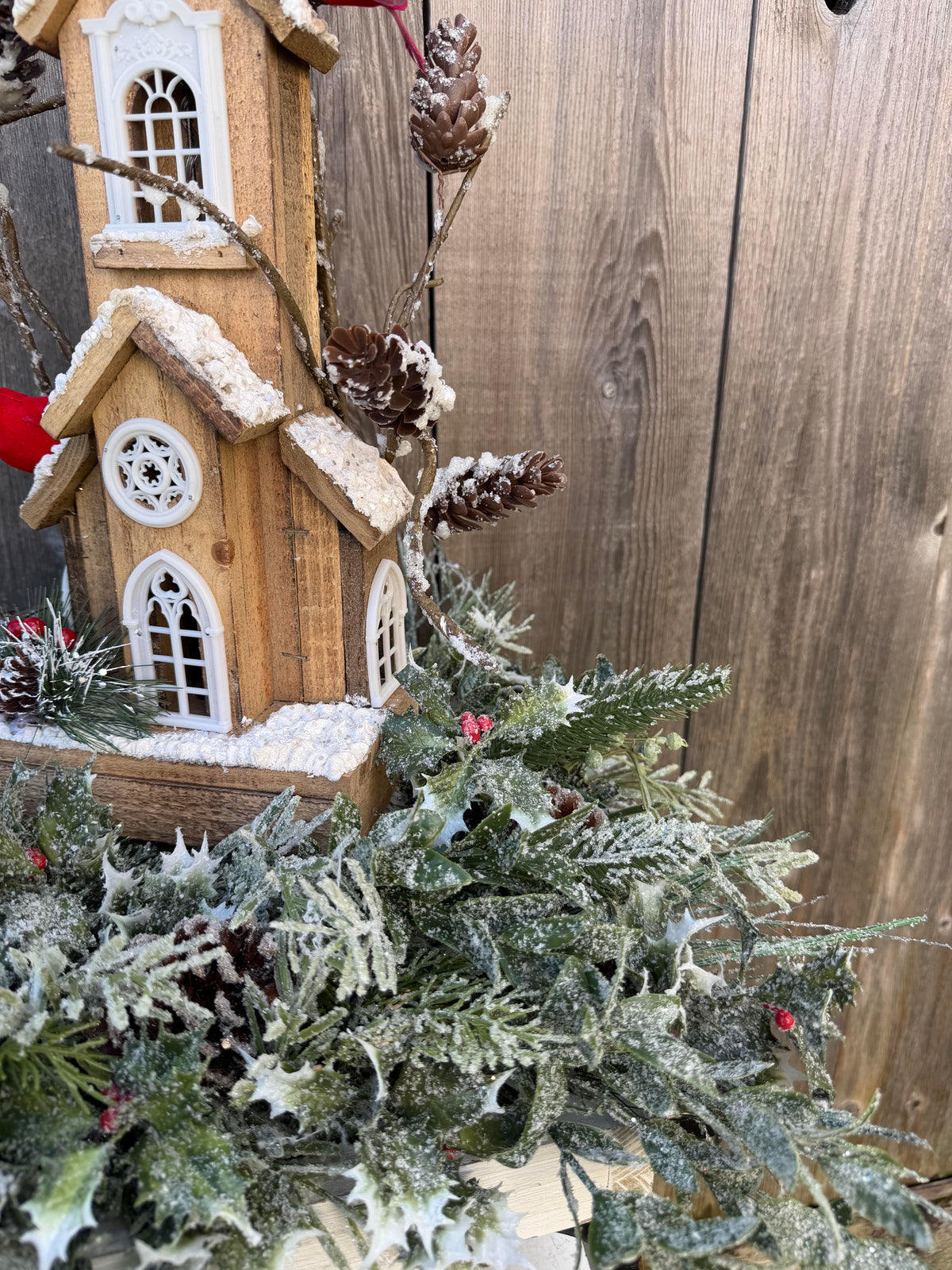 Winter Church Centerpiece with Cardinals