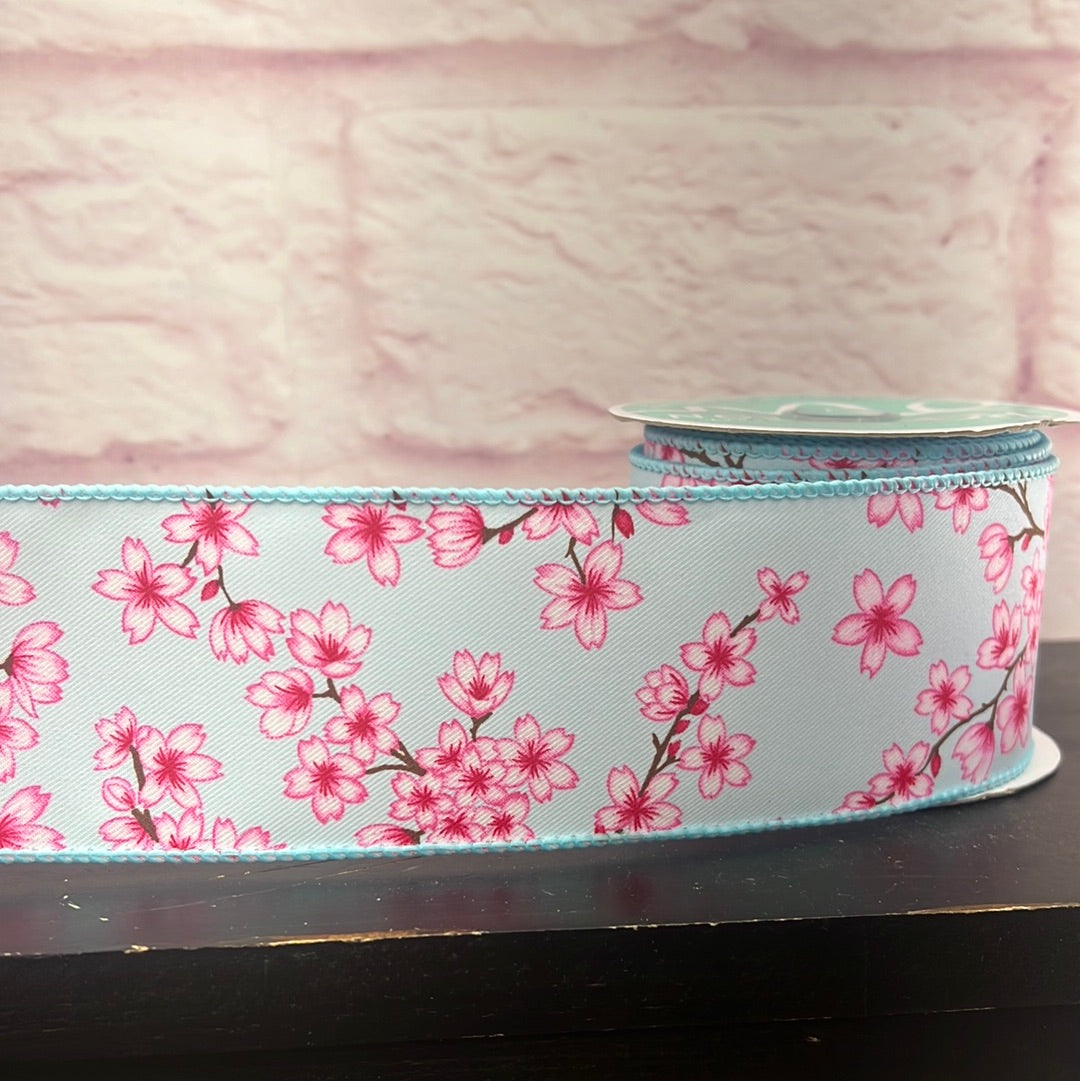 Blossoms On Diagonal Weave 2.5"X10yd Wht/Lt Blue/Pink/Brn