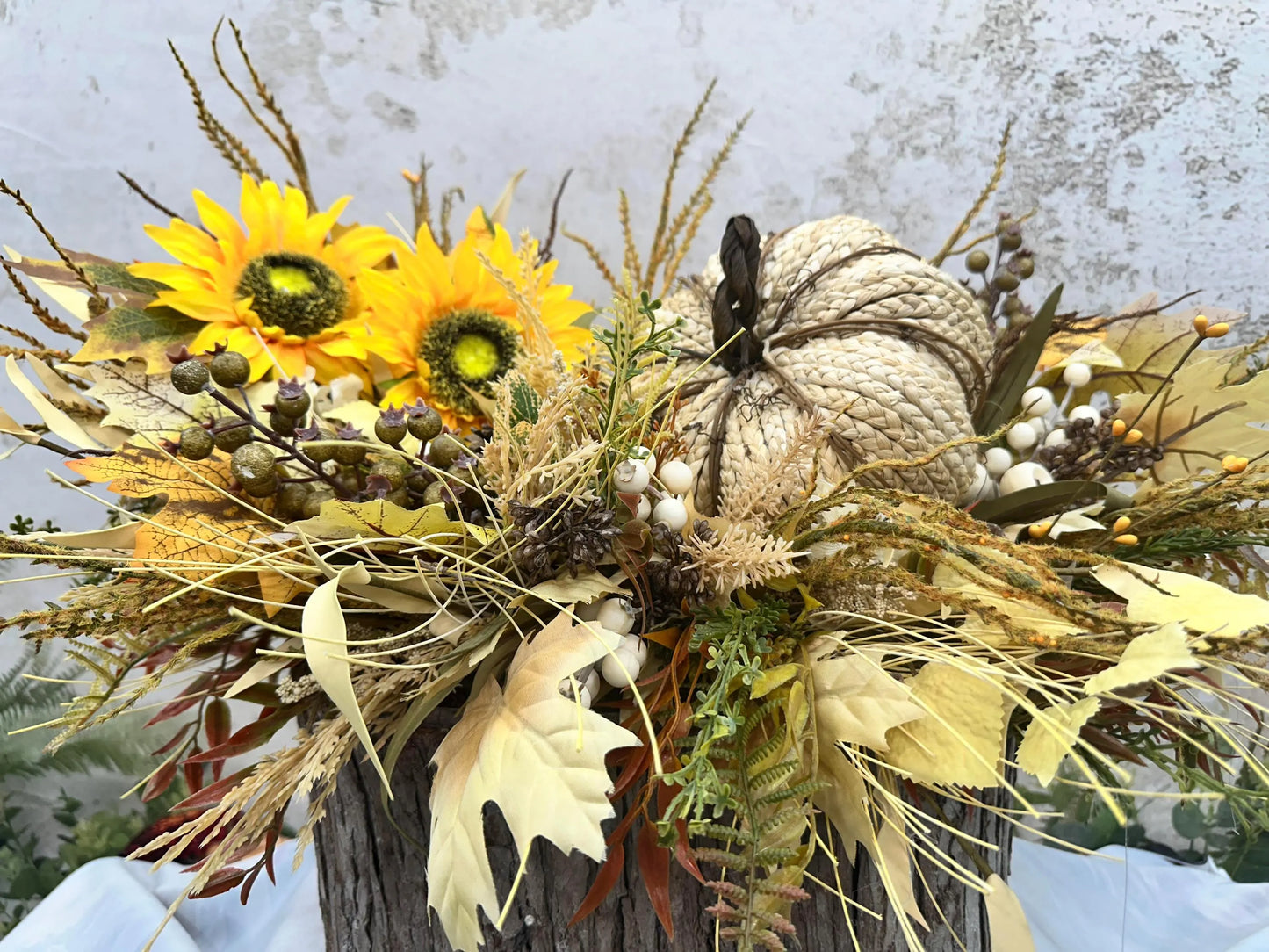 FALL CENTERPIECE IN LOG CONTAINER