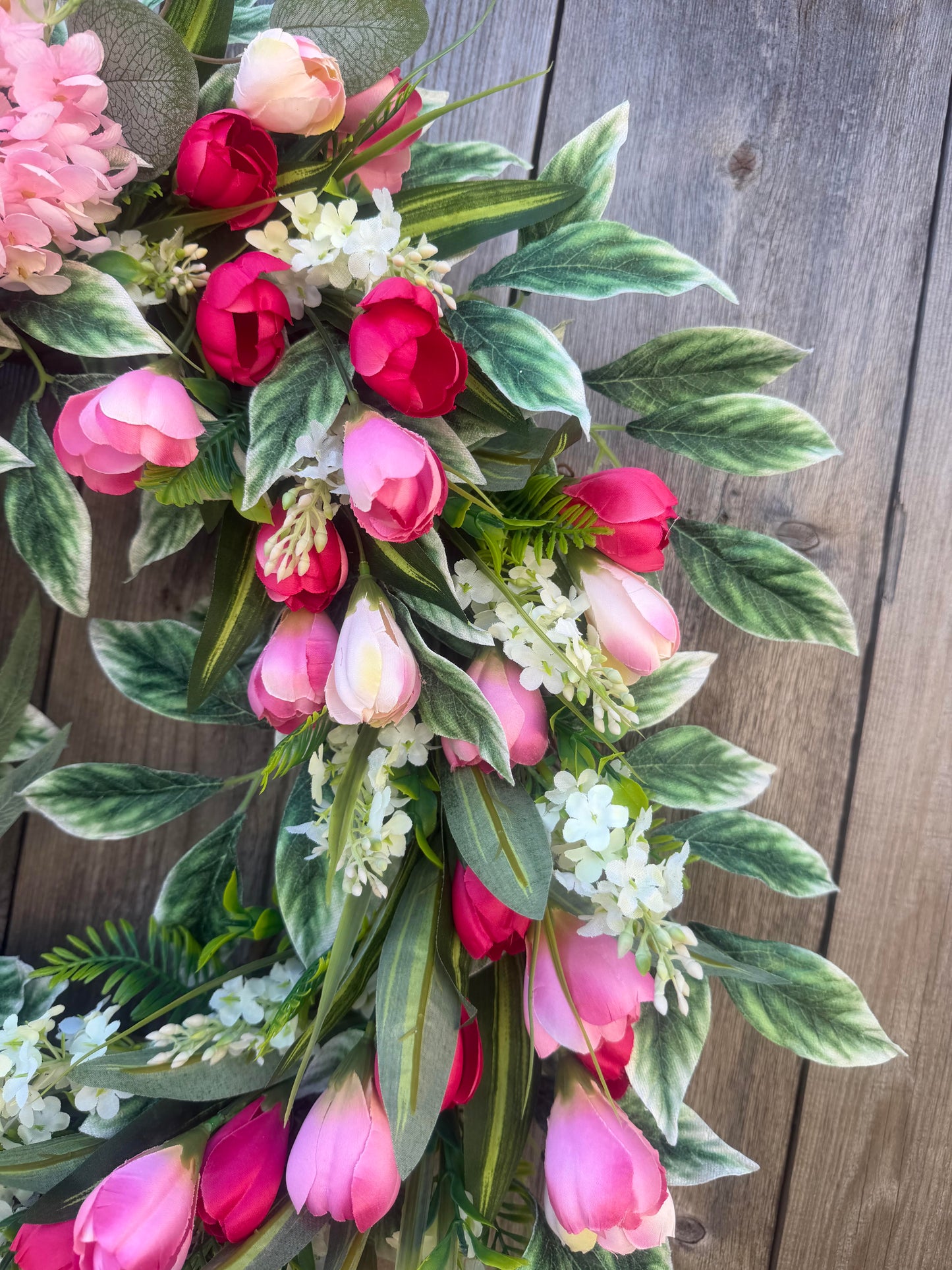 PINK HYDRANGEA AND TULIP GRAPEVINE WREATH