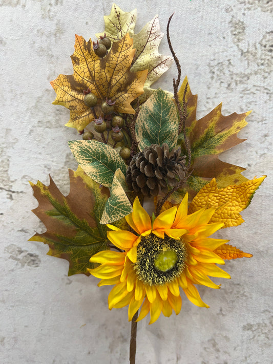 SUNFLOWER SPRAY W/ MAPLE, BERRY, PINE CONE, LEAVES - YELLOW  WF568