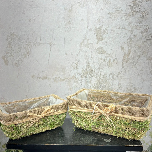 Green Burlap and Moss Basket Set BAS102