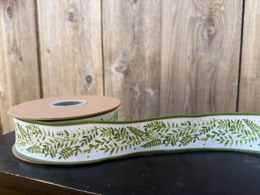 1 1/2" Wired Dupioni Ribbon | Ferns on White w/ Green Backing | 10 Yard Roll 9379W-572-38E