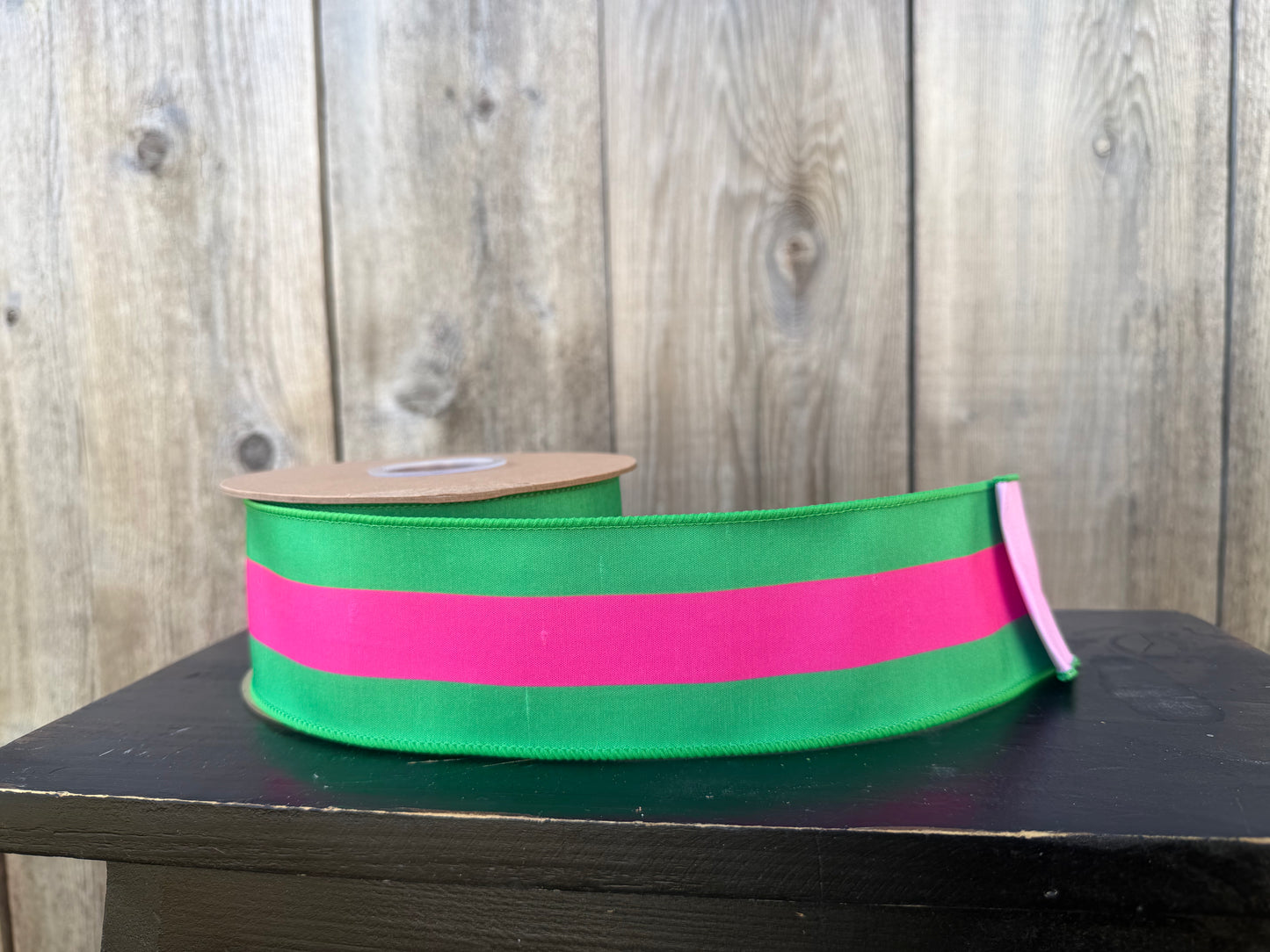 2 1/2" Wired Dupioni Ribbon | Hot Pink and Green Stripe with Pink Backing | 10 Yard Roll 8217W-175-63E