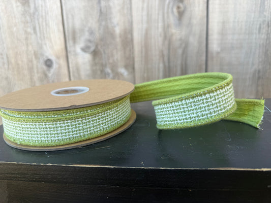 1" Wired Woven Jacquard Ribbon | Green/White w/ Green Backing | 10 Yard Roll   9124W-563-25E