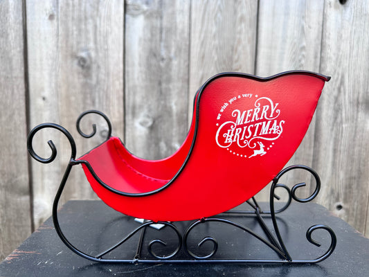Vintage red metal sleigh w.Merry Christmas-  M32610