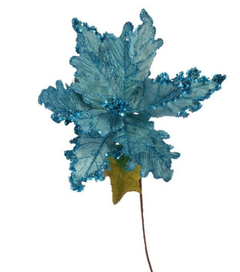 Glitter Velvet Poinsettia Stem - Ice Blue  WF259IB
