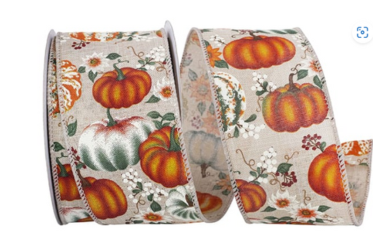 Harvest Pumpkins &amp; Flowers Line Wired Edge    94081W-750-40F