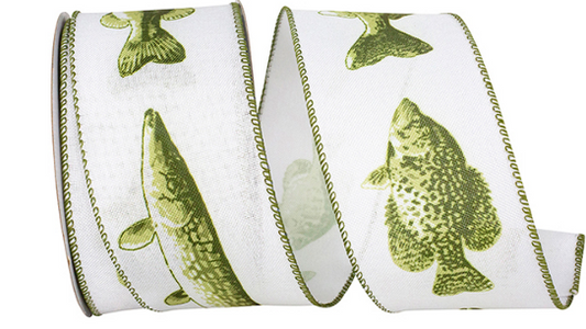 Fresh Water Fish Linen Wired Edge, White/green, 2-1/2 Inch,  94501W