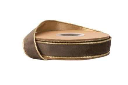1” Reversible Classic Velvet Wired Ribbon | Brown w/ Gold Shimmer Satin Backing | 10 Yard Roll   7115W-850- 25E