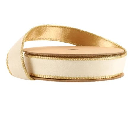 1" Reversible Classic Velvet Wired Ribbon | Ivory/Gold | 10 Yard Roll   7115W-810- 25E