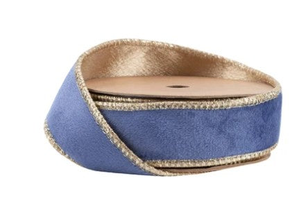 1" Reversible Classic Velvet Wired Ribbon | French Blue/Gold | 10 Yard Roll   7115W-338- 25E