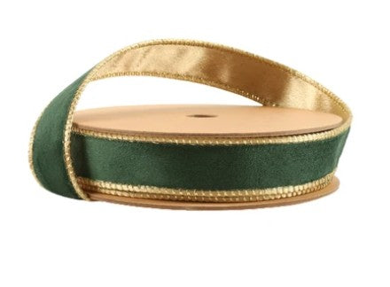 1" Reversible Classic Velvet Wired Ribbon | Green/Gold | 10 Yard Roll  7115W-589- 25E