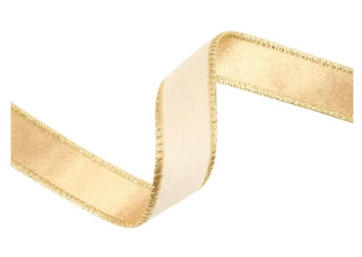 1" Reversible Classic Velvet Wired Ribbon | Ivory/Gold | 10 Yard Roll   7115W-810- 25E