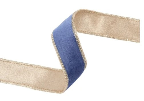 1" Reversible Classic Velvet Wired Ribbon | French Blue/Gold | 10 Yard Roll   7115W-338- 25E
