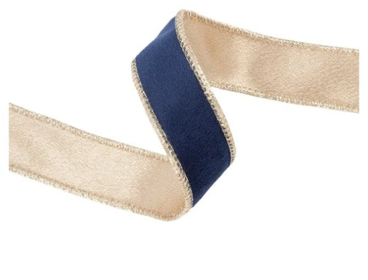 1" Reversible Classic Velvet Wired Ribbon | Navy/Gold | 10 Yard Roll   7115W-374- 25E