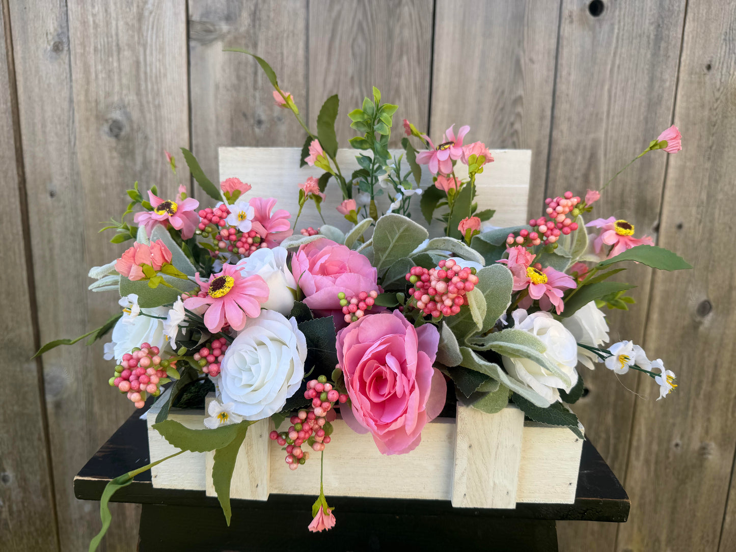 PINK AND WHITE ARRANGEMENT SET IN A SMALL WOODEN TRUNK BOX