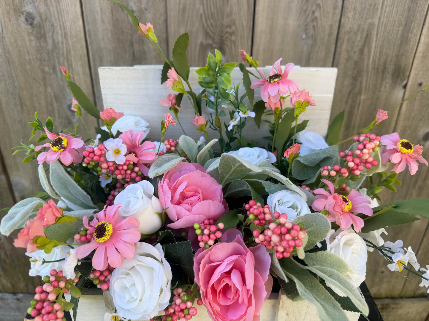 PINK AND WHITE ARRANGEMENT SET IN A SMALL WOODEN TRUNK BOX