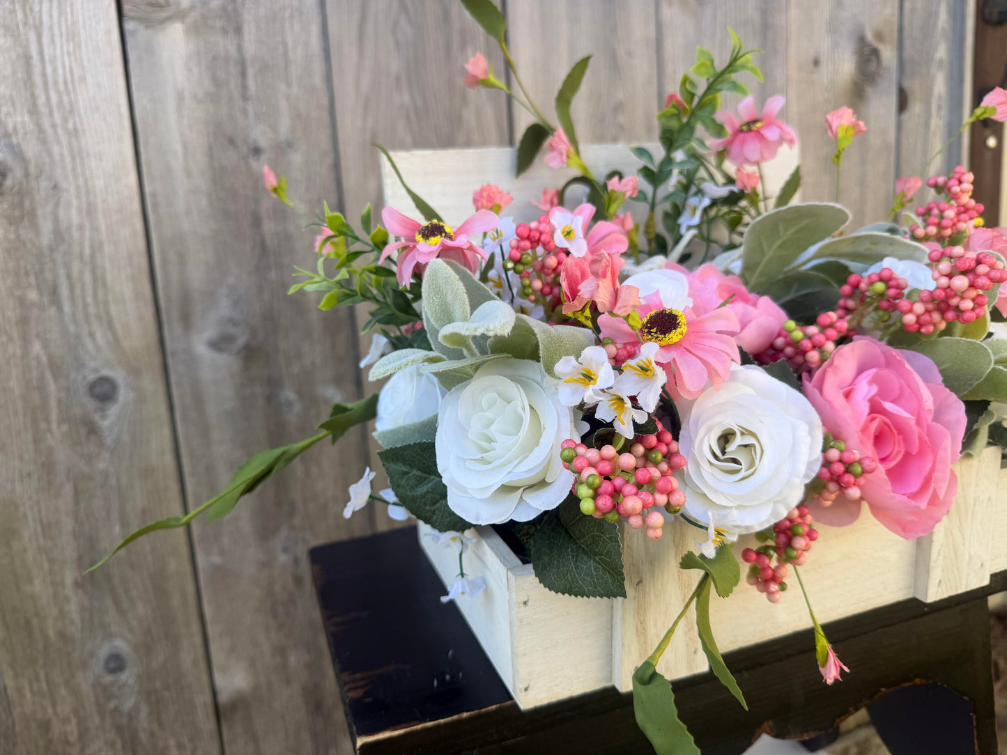 PINK AND WHITE ARRANGEMENT SET IN A SMALL WOODEN TRUNK BOX