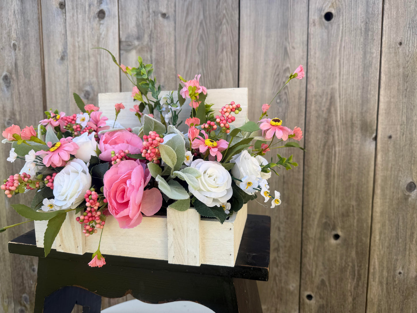 PINK AND WHITE ARRANGEMENT SET IN A SMALL WOODEN TRUNK BOX
