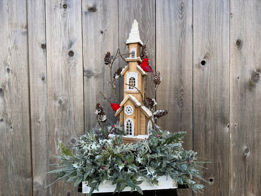 Winter Church Centerpiece with Cardinals
