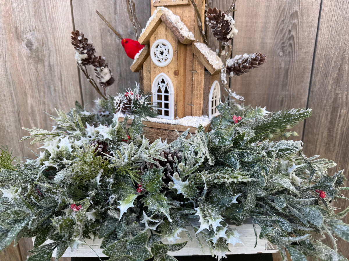 Winter Church Centerpiece with Cardinals