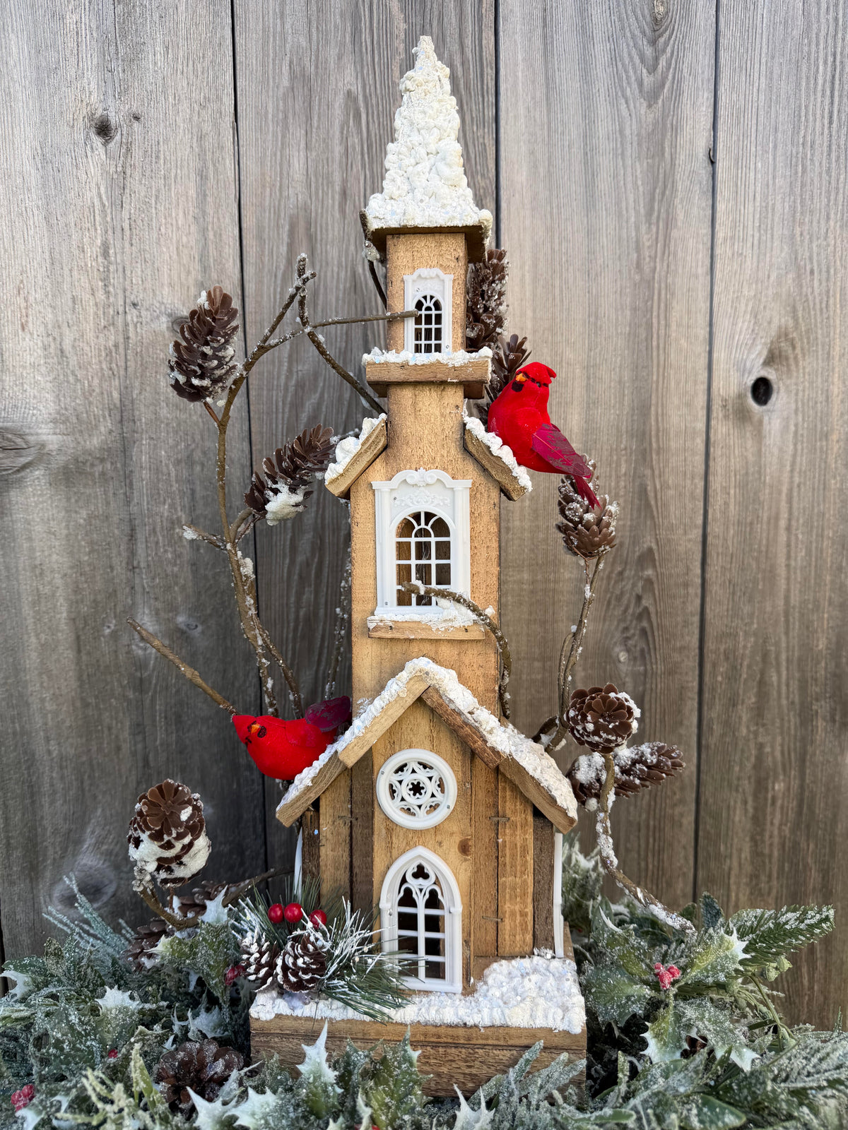 Winter Church Centerpiece with Cardinals