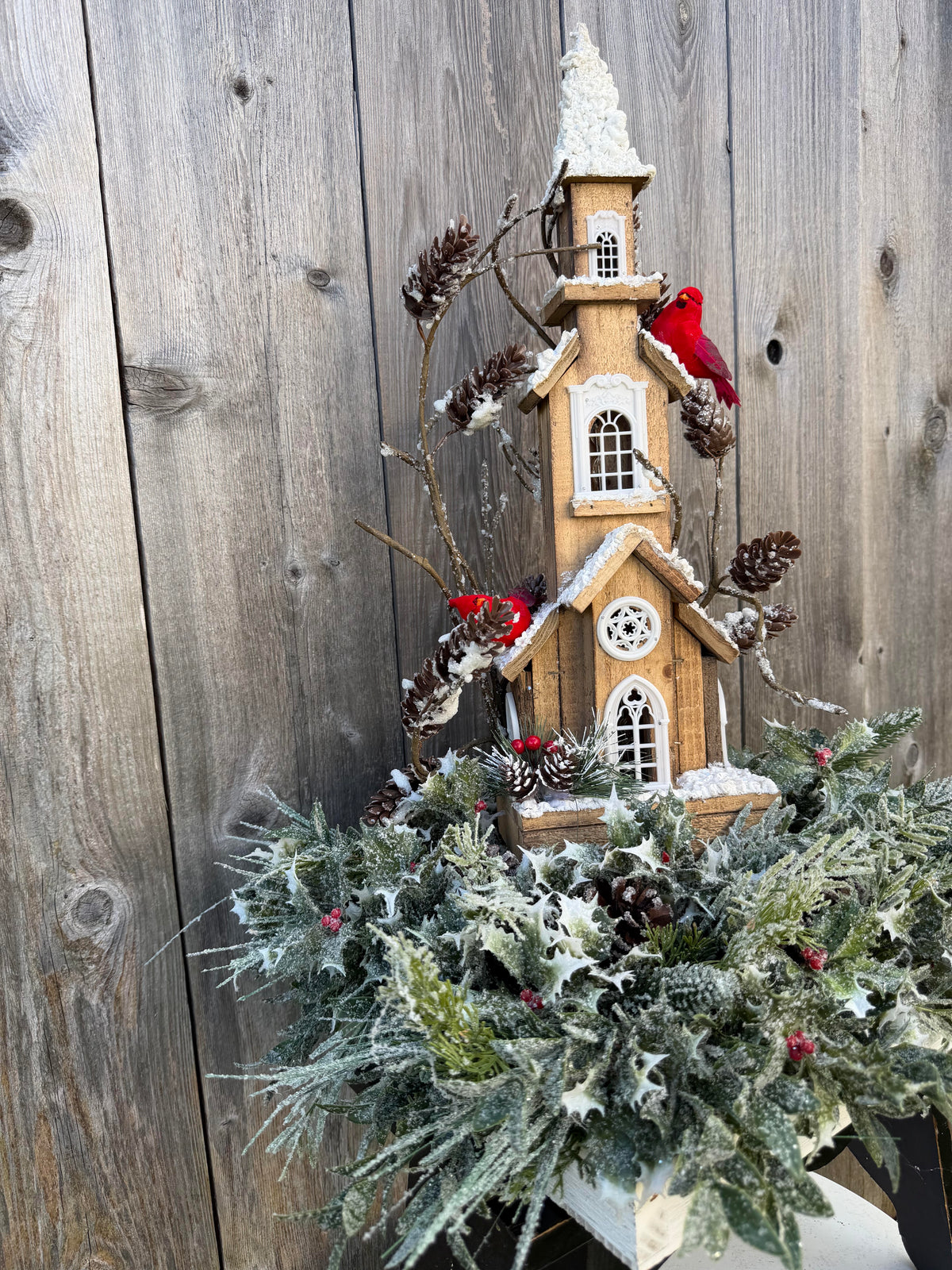 Winter Church Centerpiece with Cardinals