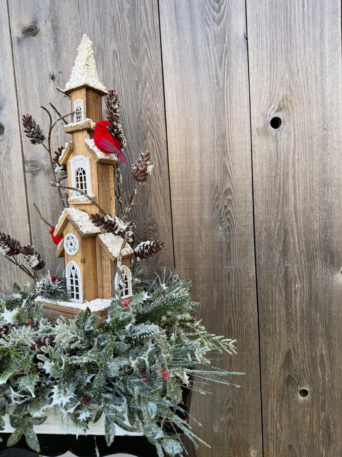 Winter Church Centerpiece with Cardinals