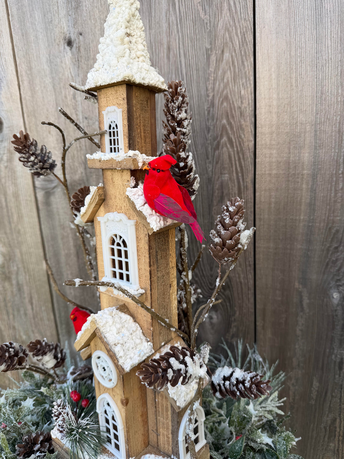 Winter Church Centerpiece with Cardinals