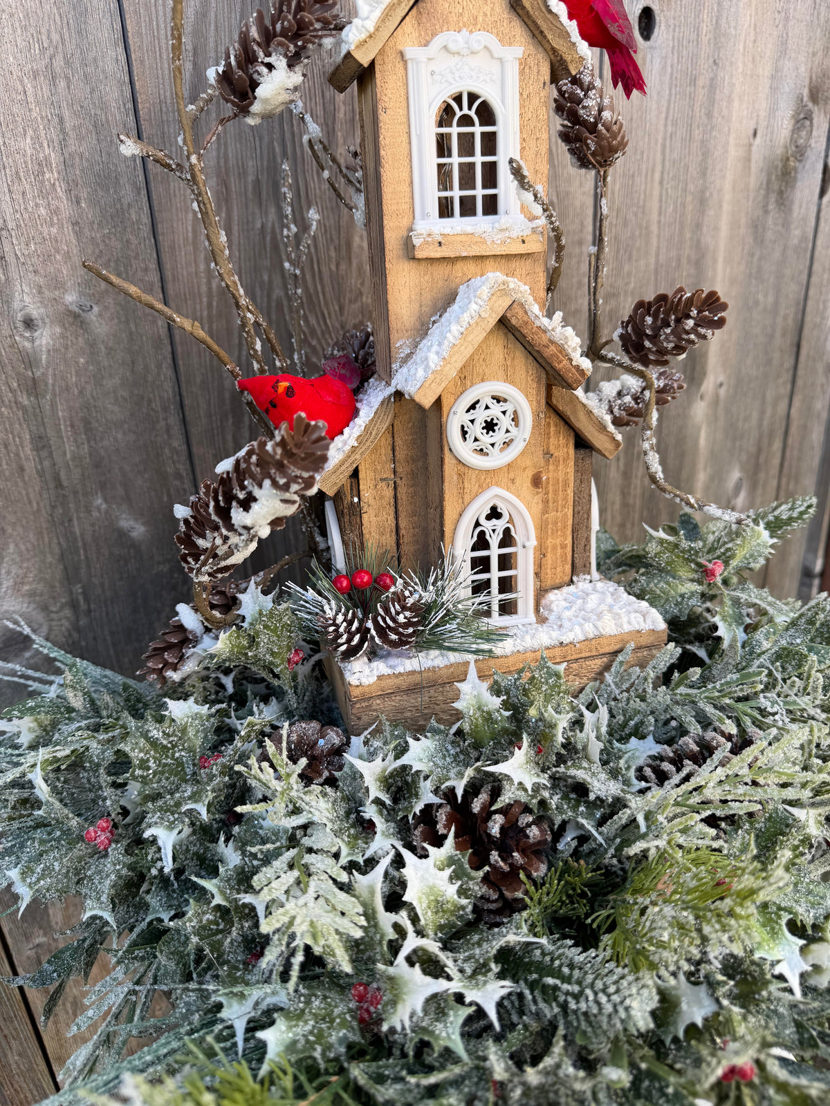 Winter Church Centerpiece with Cardinals