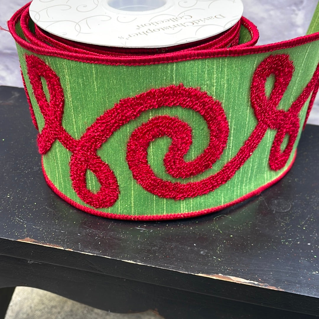 GREEN FAUX DUPIONI RIBBON W/ RED EMBROIDERED SCROLL 4" X 10Y   DCR1130