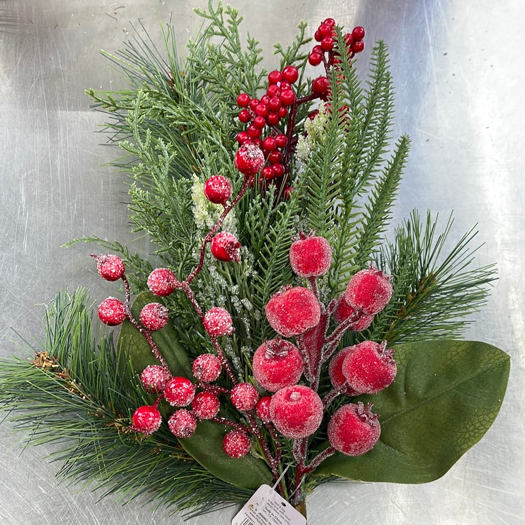 Mixed Greenery with Berries and Ornaments Pick  F4226011