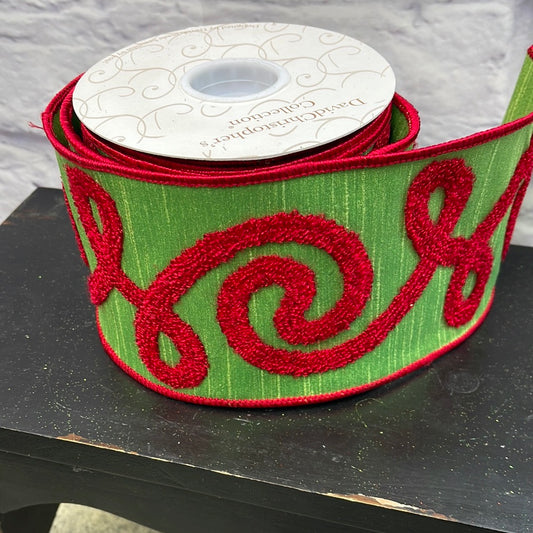 GREEN FAUX DUPIONI RIBBON W/ RED EMBROIDERED SCROLL 4" X 10Y   DCR1130