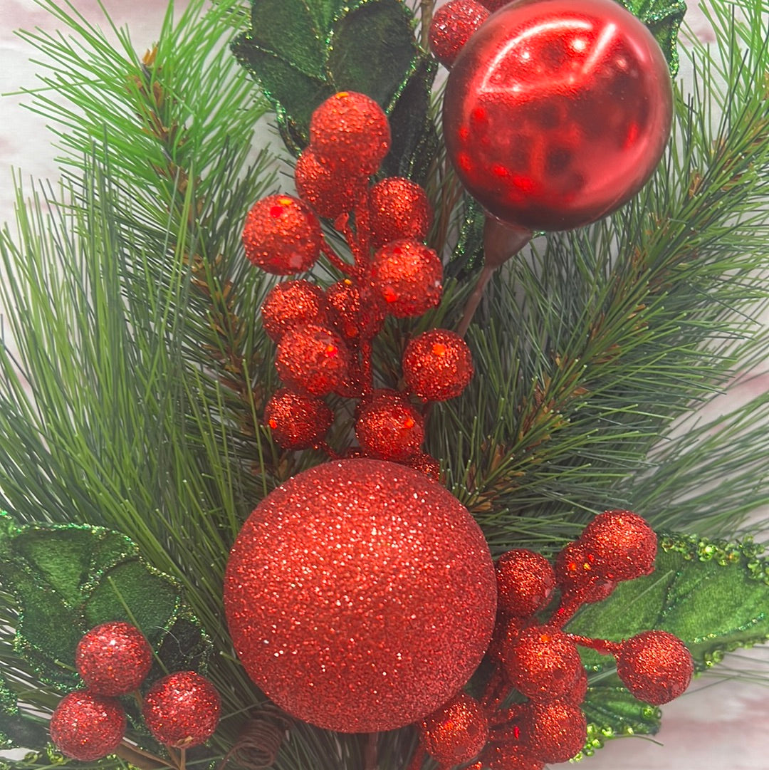 Mixed Greenery with Berries and Ornaments Pick  F4226019