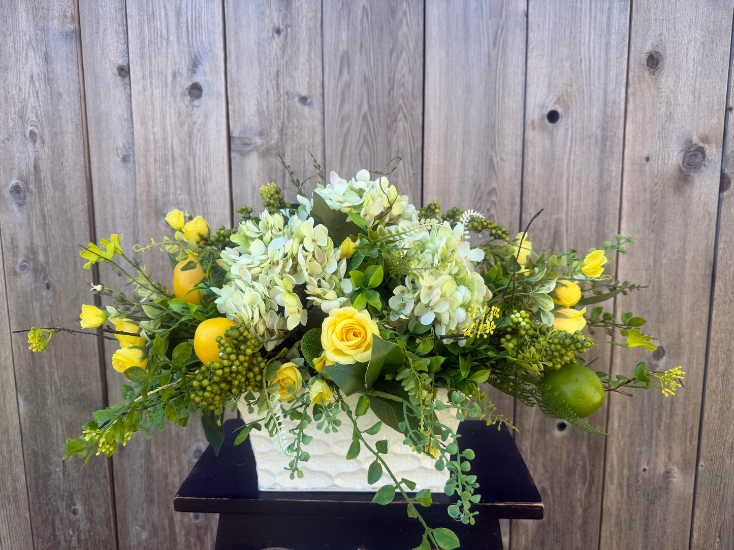 LEMON LIME CENTERPIECE WITH HYDRANGEAS