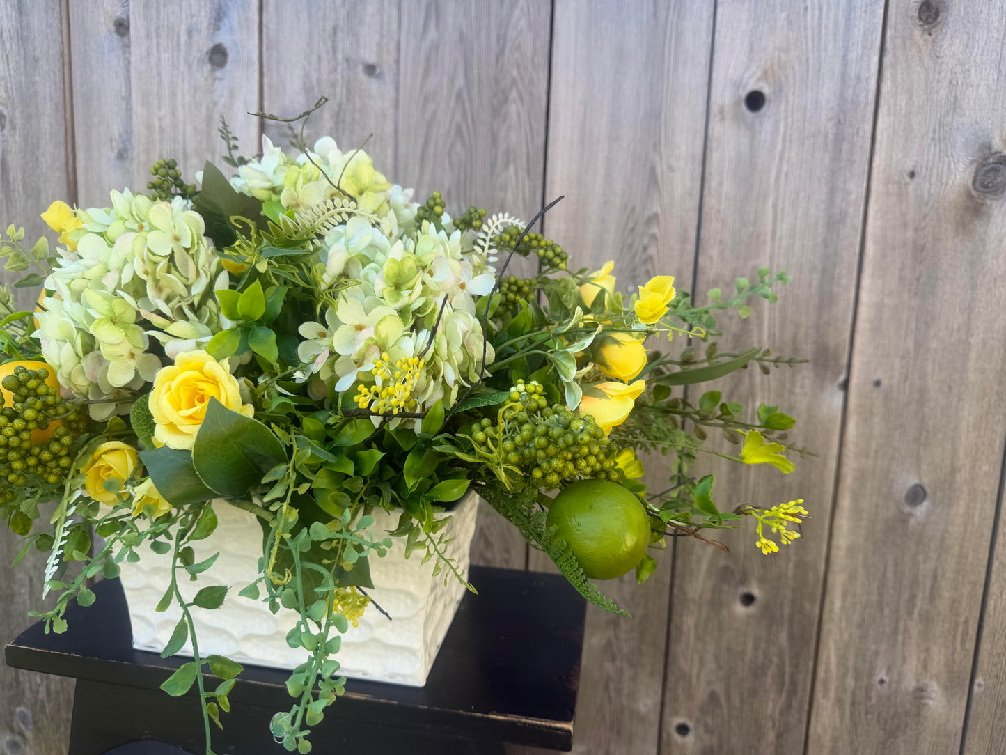 LEMON LIME CENTERPIECE WITH HYDRANGEAS