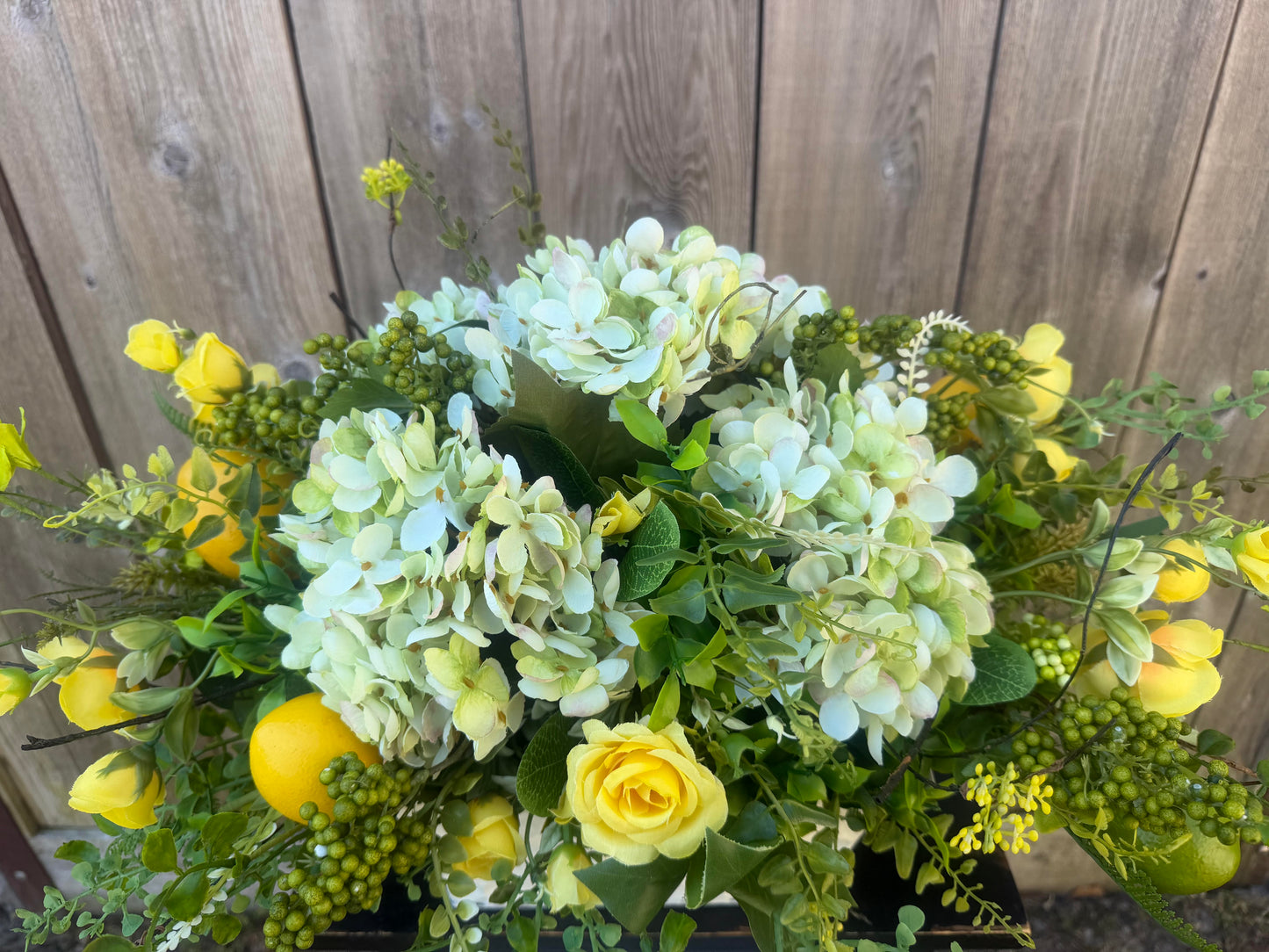 LEMON LIME CENTERPIECE WITH HYDRANGEAS