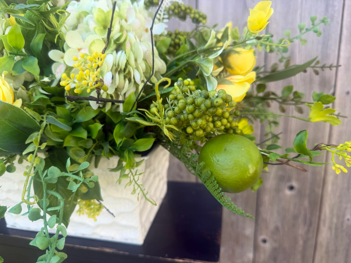 LEMON LIME CENTERPIECE WITH HYDRANGEAS
